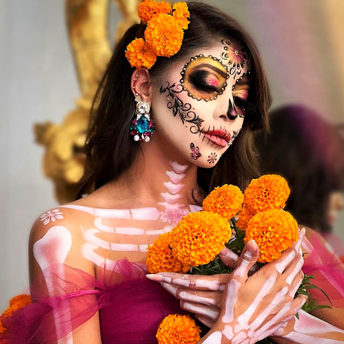 Catrina with marigolds for Day of the Dead