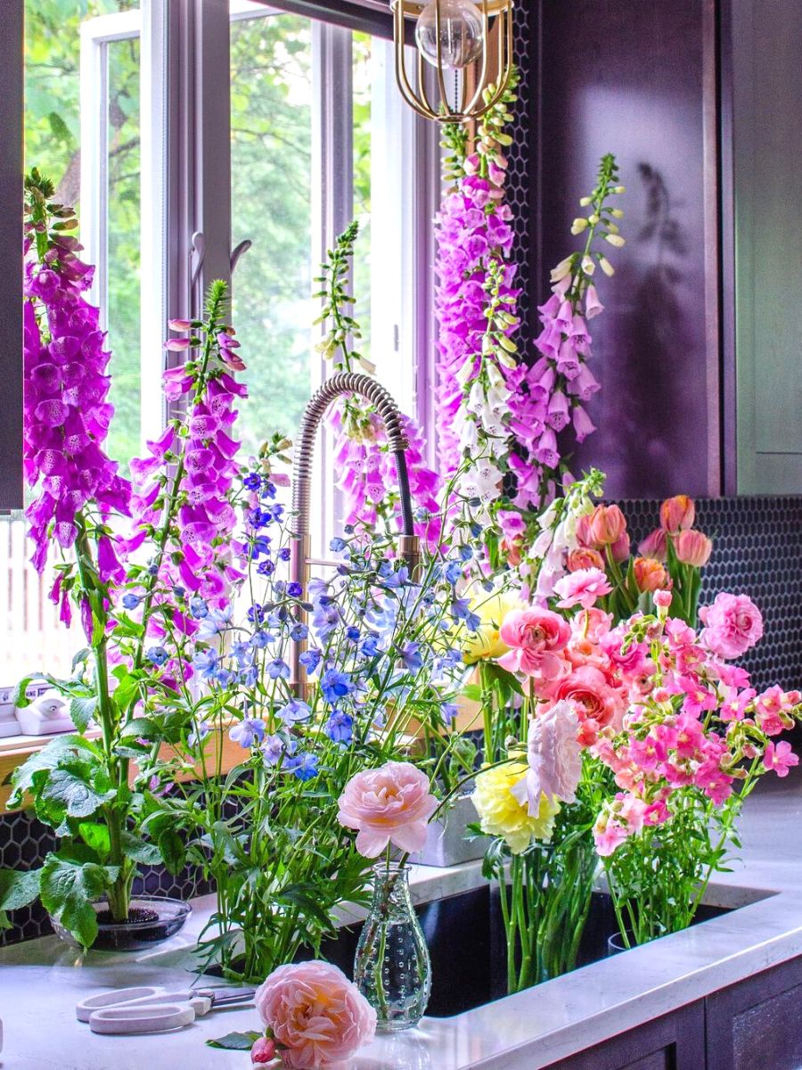 Incredibly colorful scene of flowers in the sink