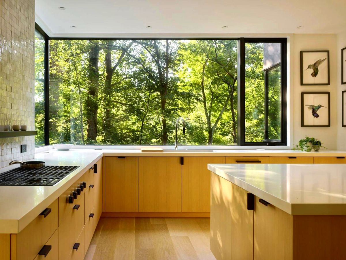 Kitchen view full of trees and nature outside