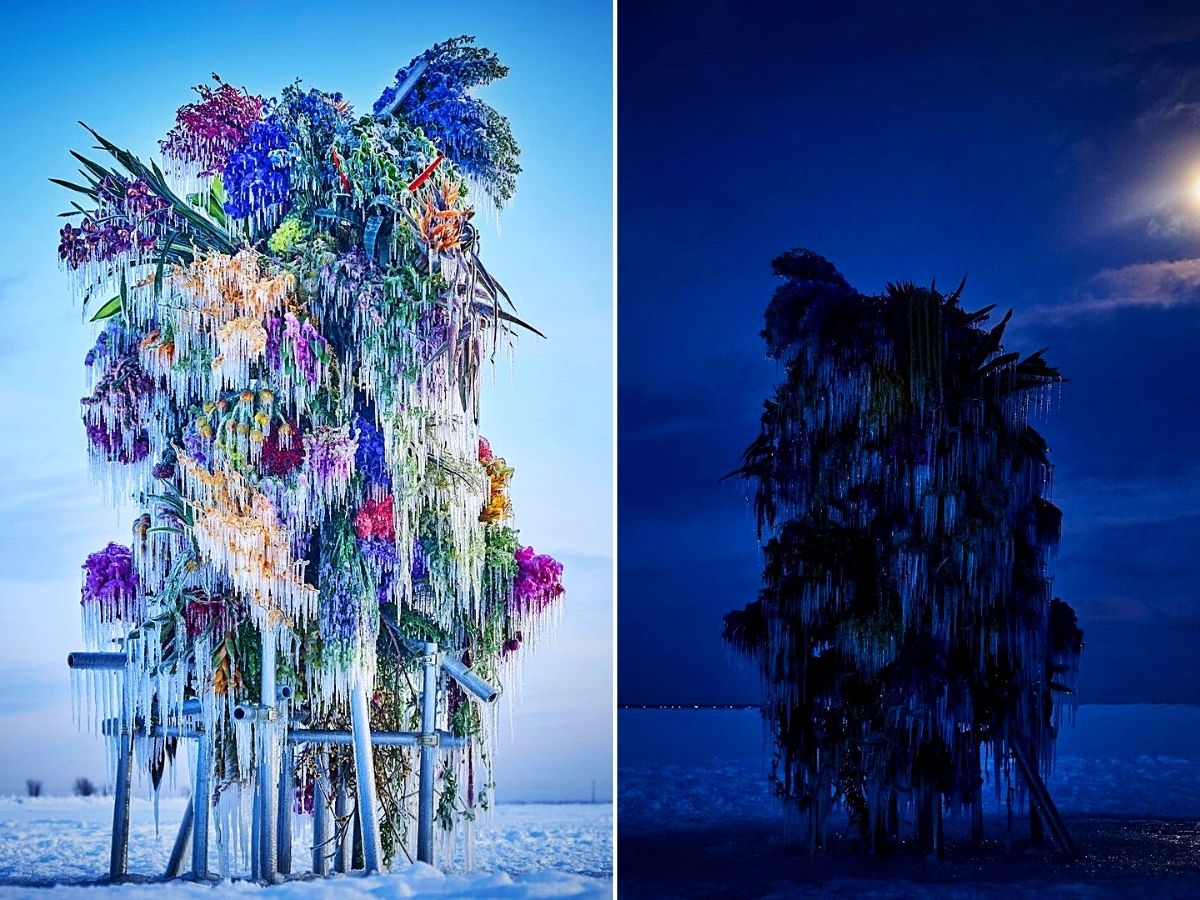 Azuma Makoto floral installations and frozen Christmas tree sculpture
