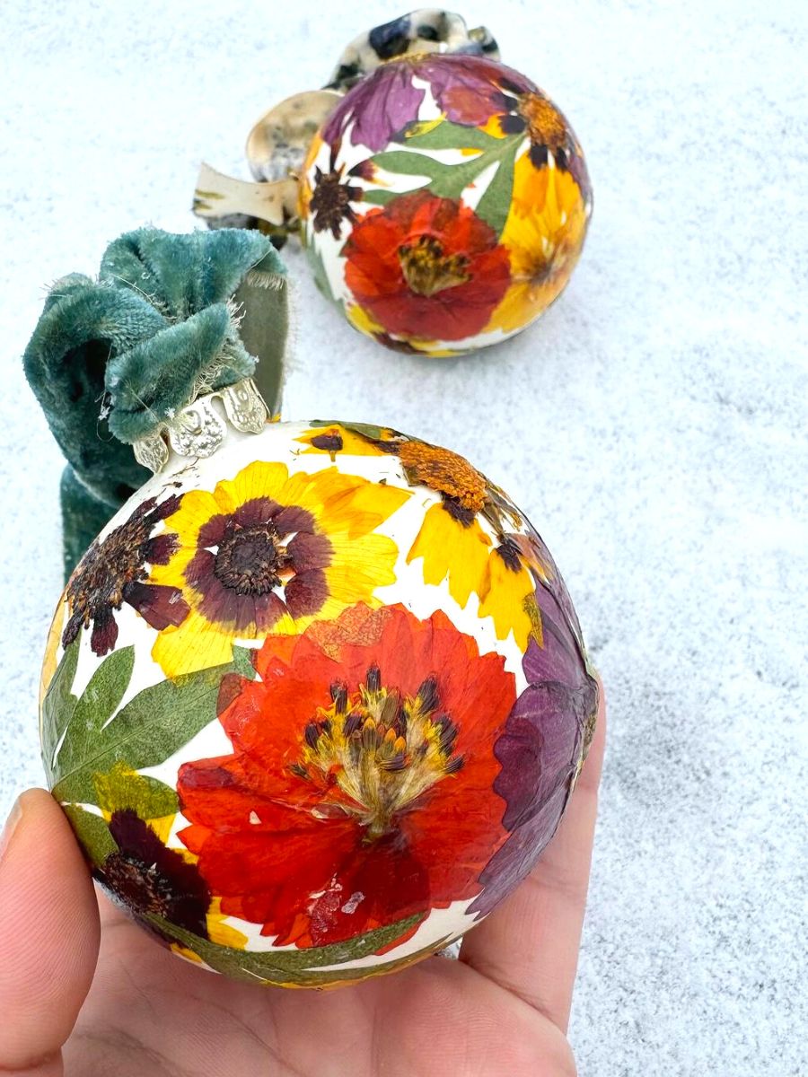 Hand made ornaments with pressed flowers