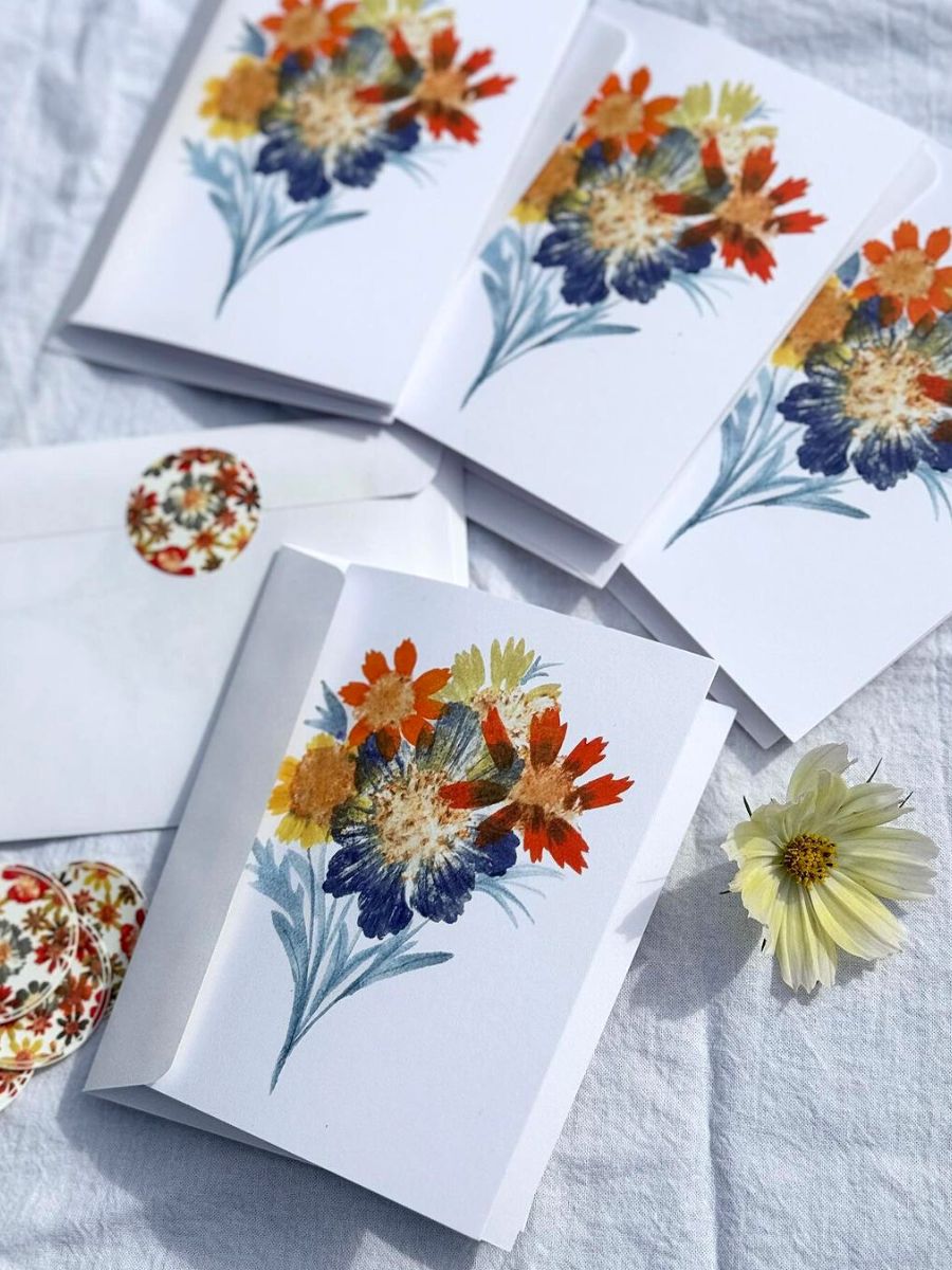 Set of five notecards designed from hammered flower art