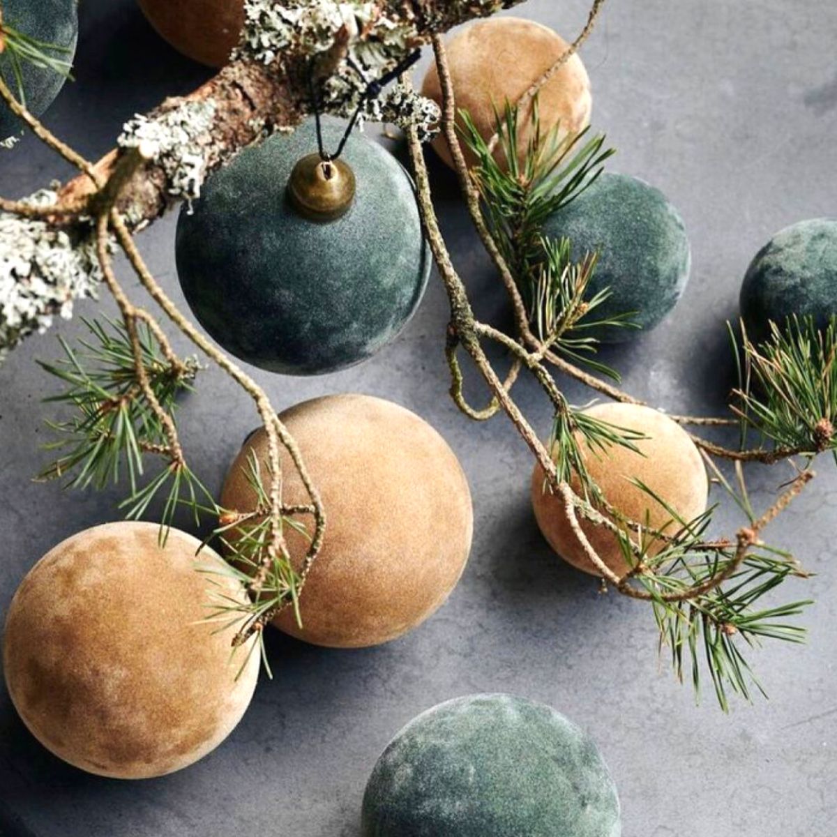 Velvet ornaments in green and beige colors