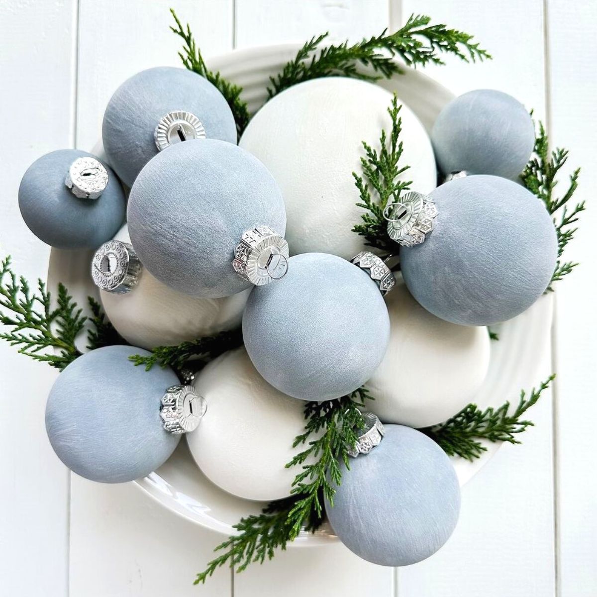 Light blue and bright white velvet ornaments