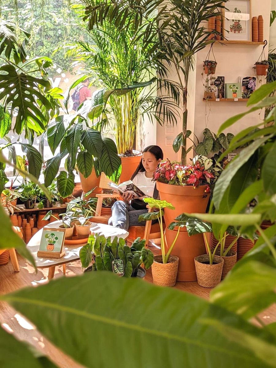 Client waiting in hair salon surrounded by green plants
