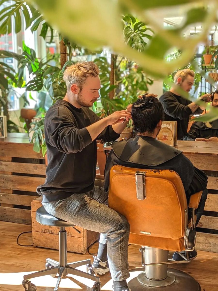Getting a hair cut in an environment full of plants