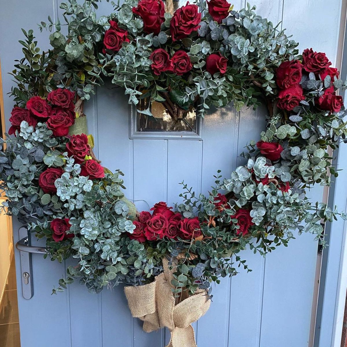 Red rose and eucalyptus valentines wreath