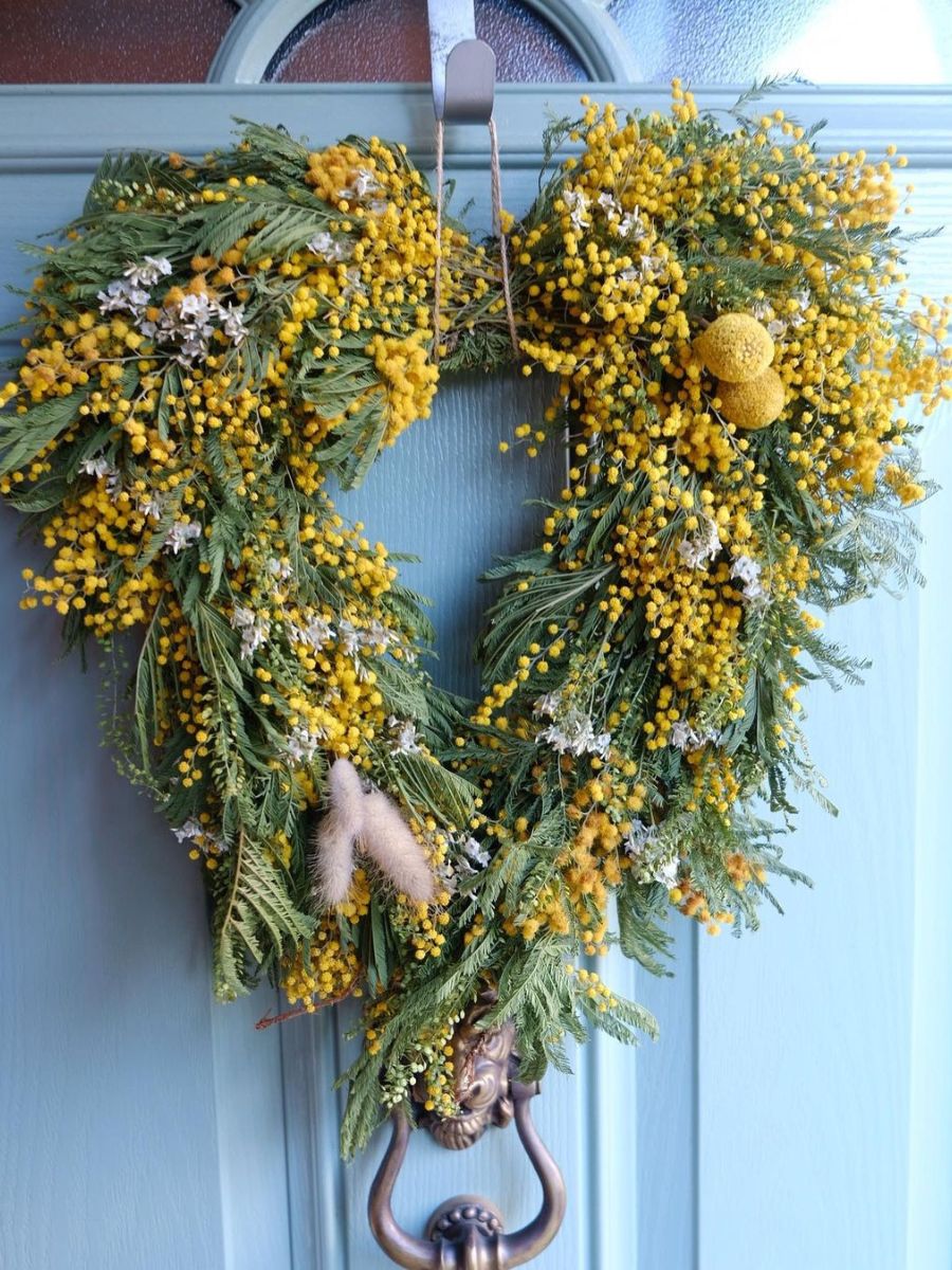 Yellow acacia heart shaped wreath