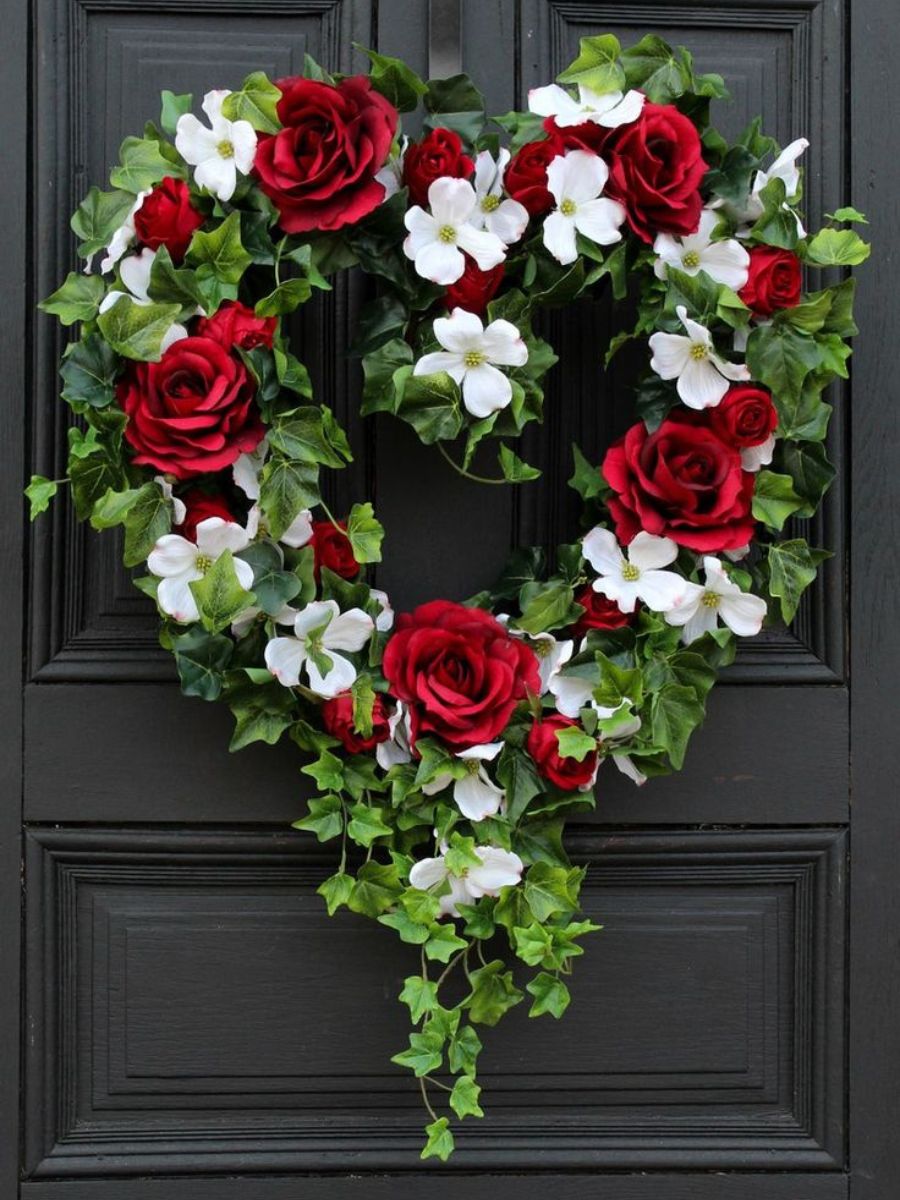 Red rose white dogwood and ivy wreath for vday