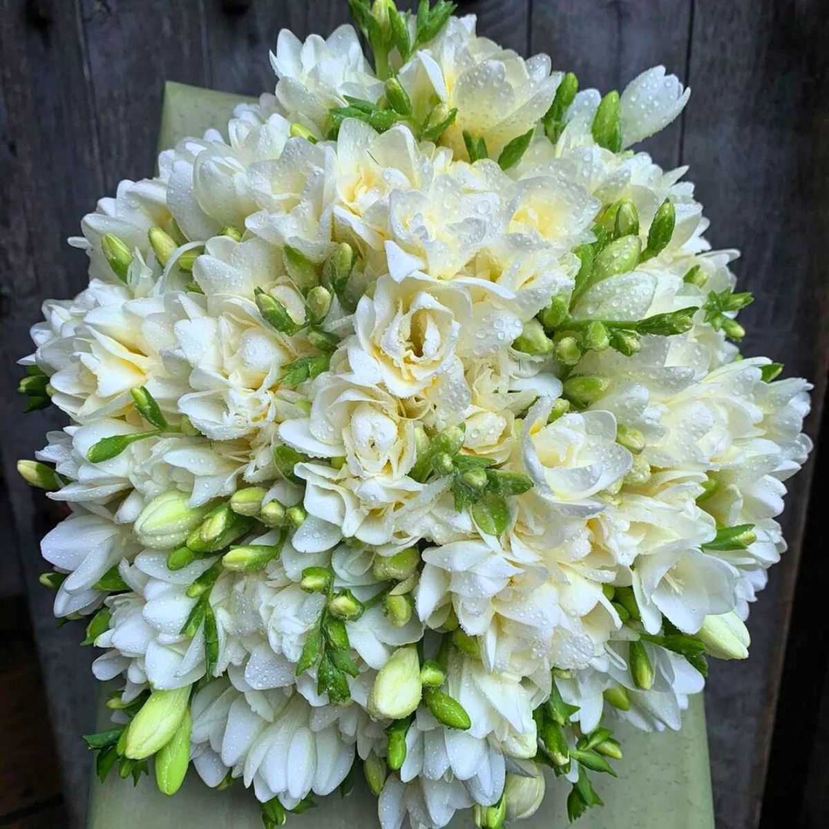 White freesias in a Valentines bouquet