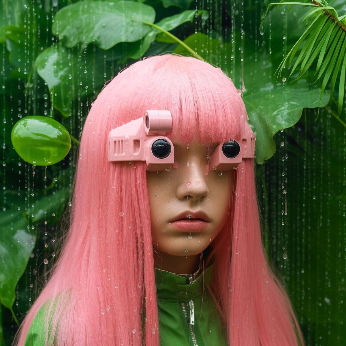 Pink hair girl with plant background created in AI