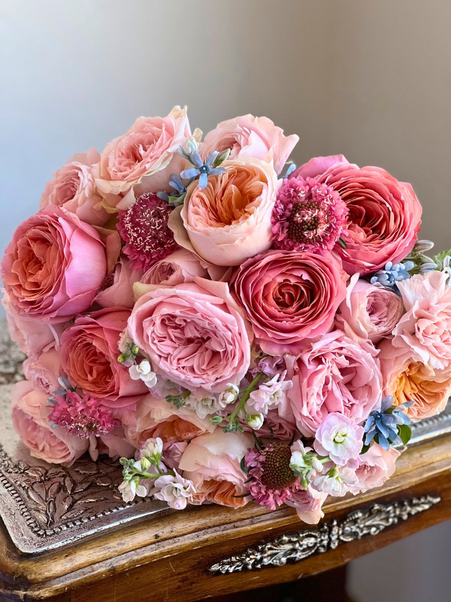 Pink romantic valentines arrangement with garden roses