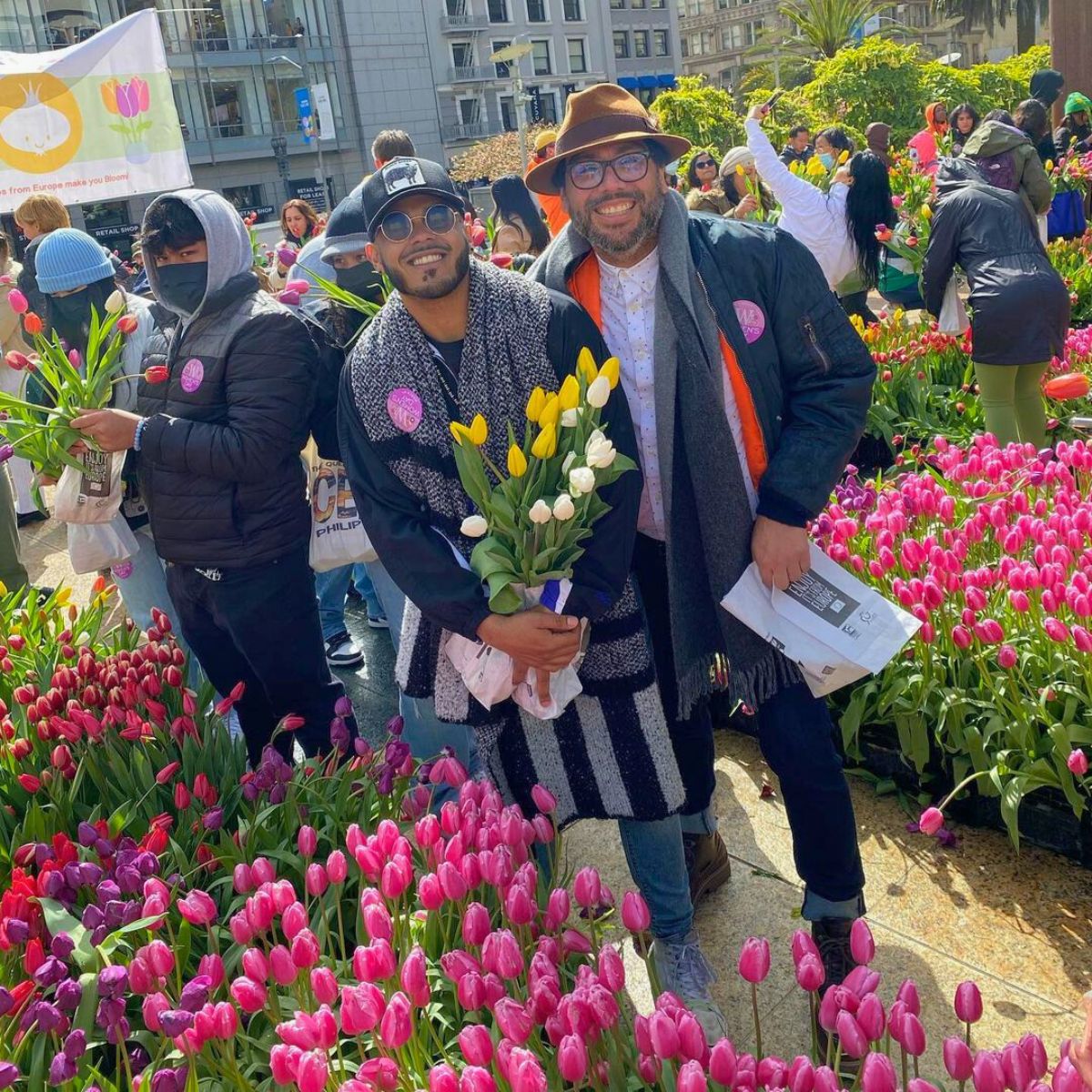 Tulip picking in Union Square San Francisco