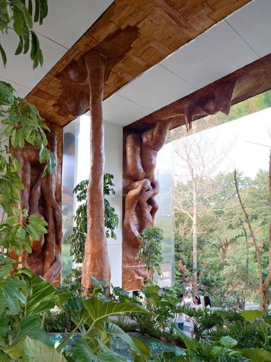 Wood structures surrounded by plants