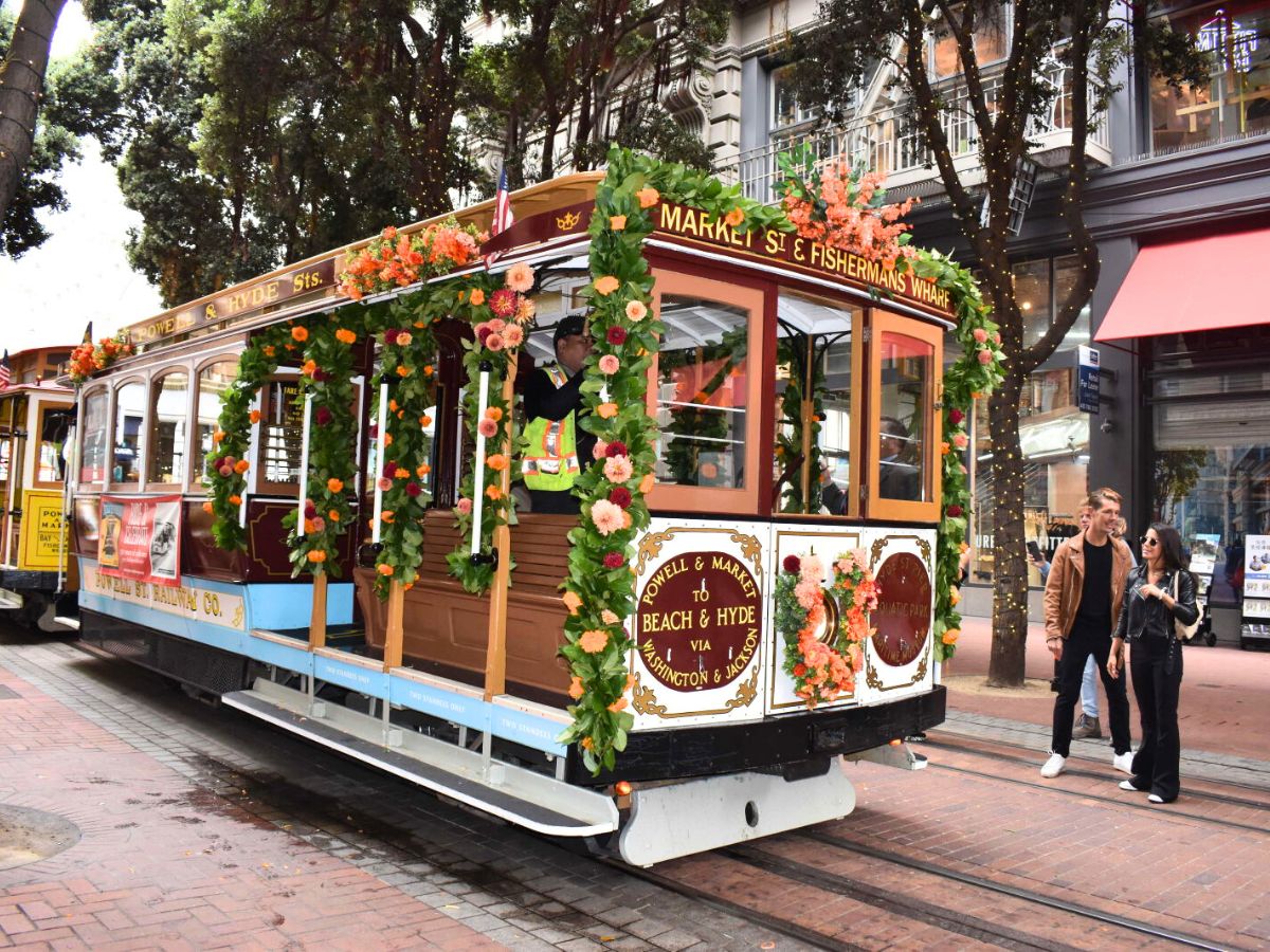 Train in Union Square decorated with flowers