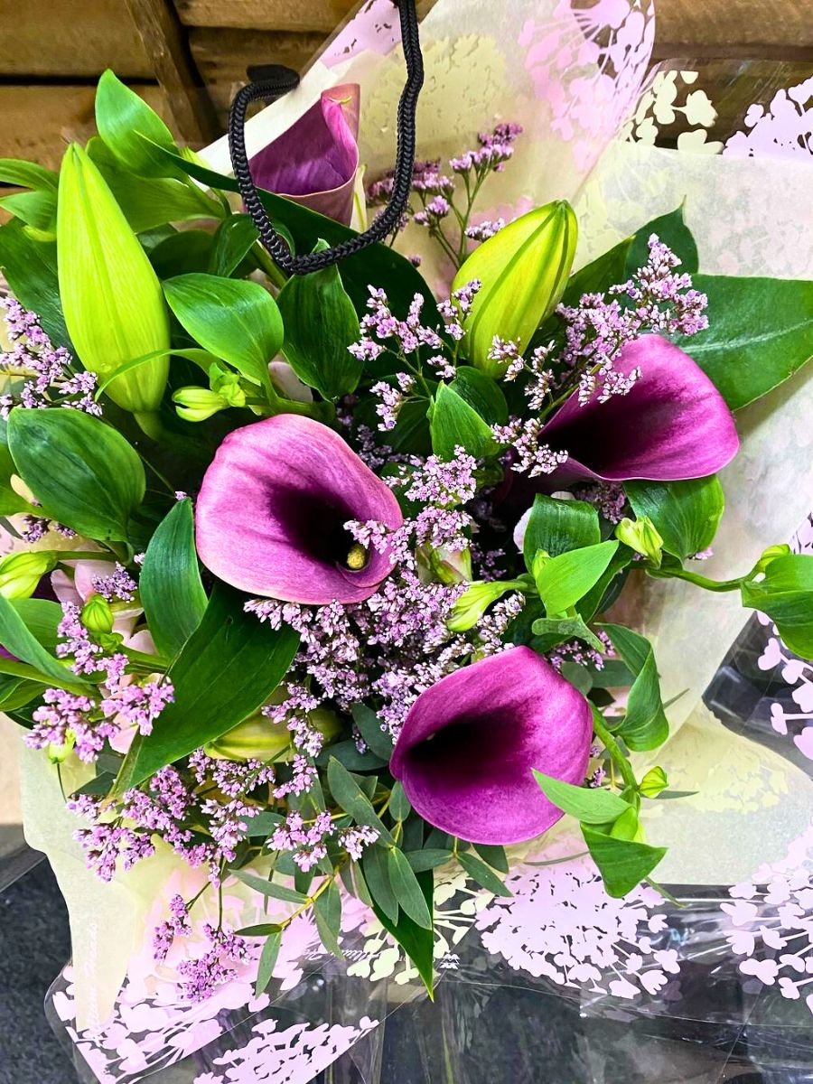 A different bouquet for Mothers Day using purple callas