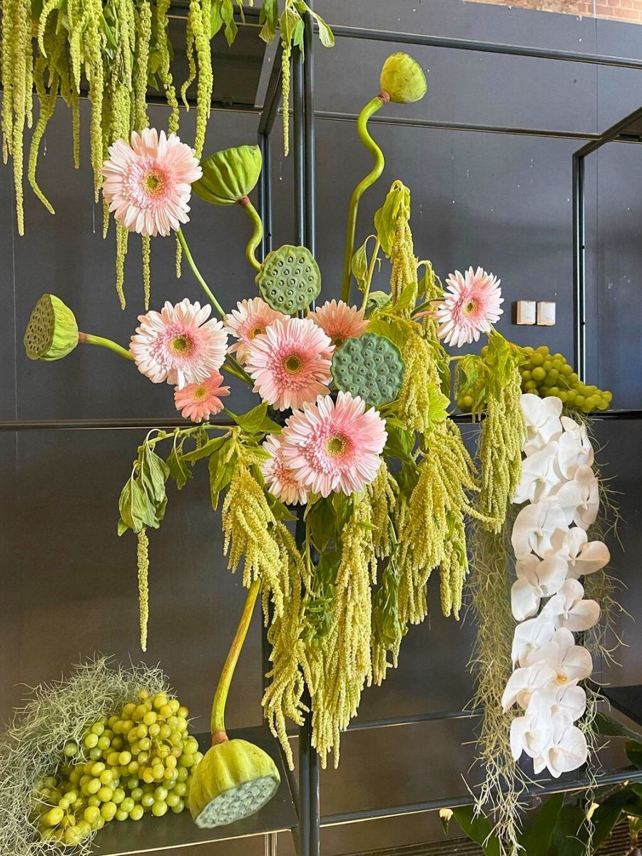 Flowers for party decorations in green and peach tones