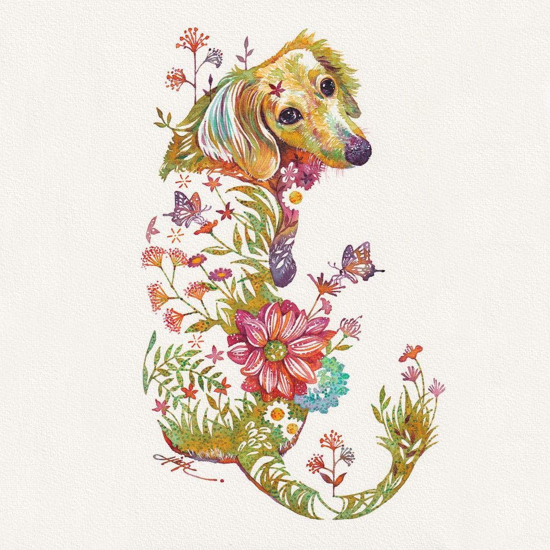 Blooming Watercolor Works by Hiroki Takeda Dog Painting