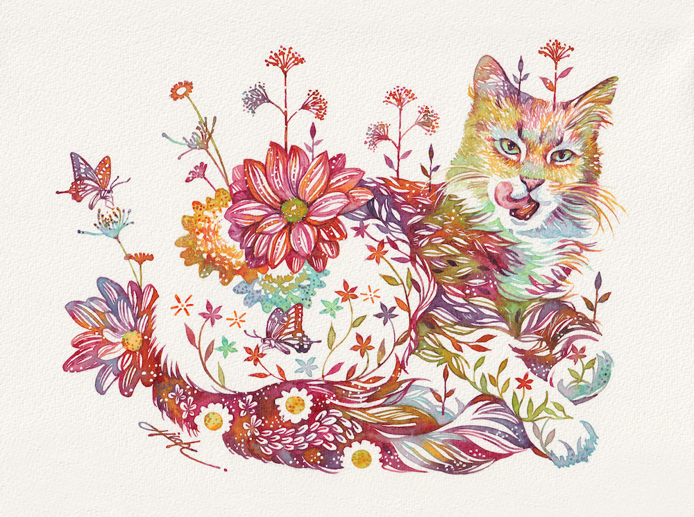 Blooming Watercolor Works by Hiroki Takeda Cat Painting