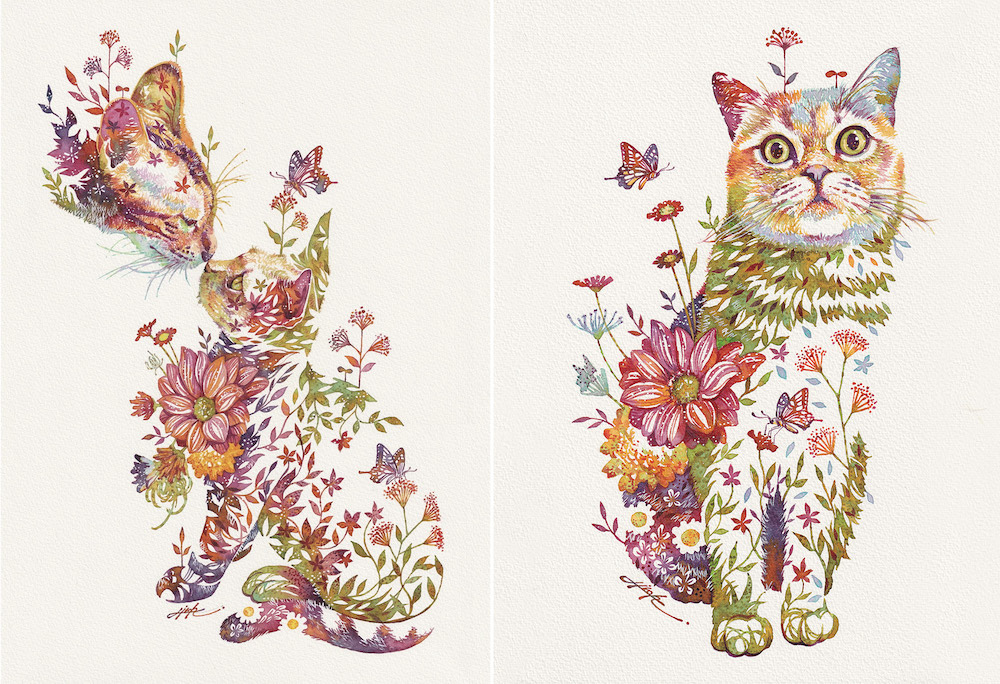 Blooming Watercolor Works by Hiroki Takeda Cat Painting