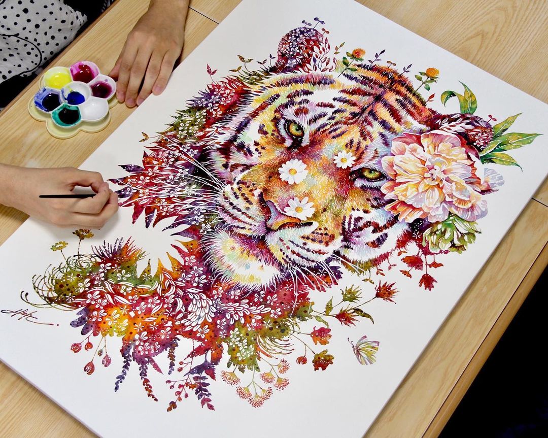 Blooming Watercolor Works by Hiroki Takeda Floral Tiger Painting