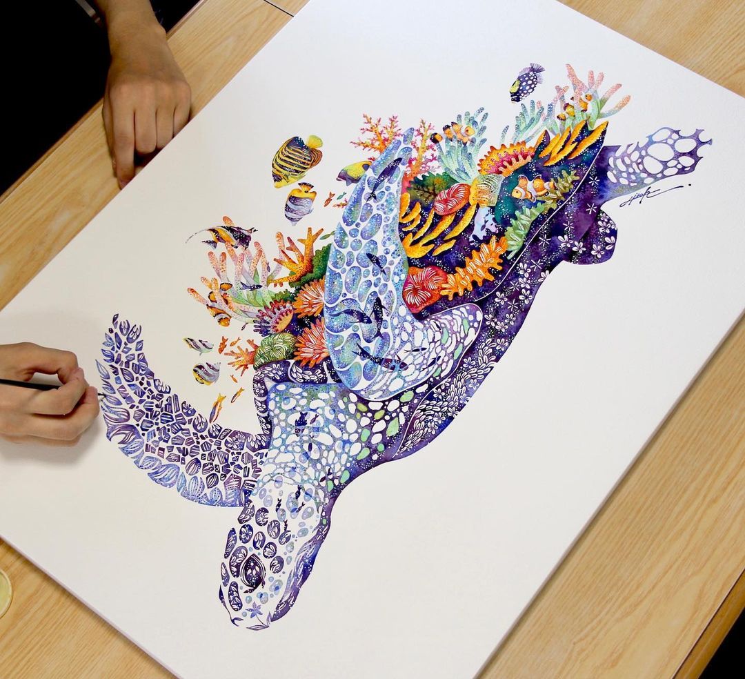 Blooming Watercolor Works by Hiroki Takeda Turtle Painting