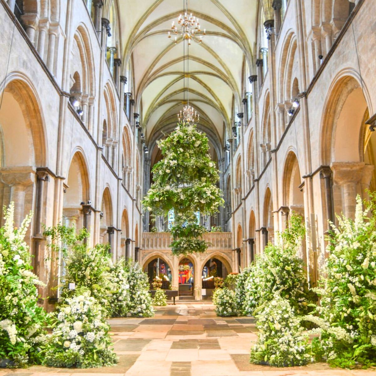 Chichester Cathedral adorned with greenery and flowers