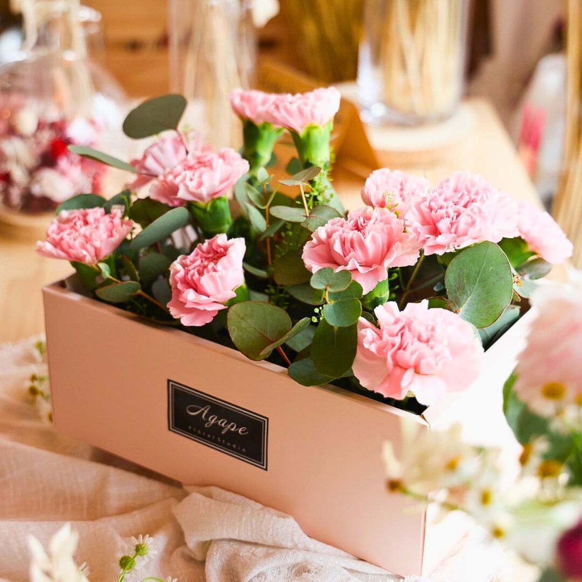 Carnations in a box a perfect gift for Mothers Day