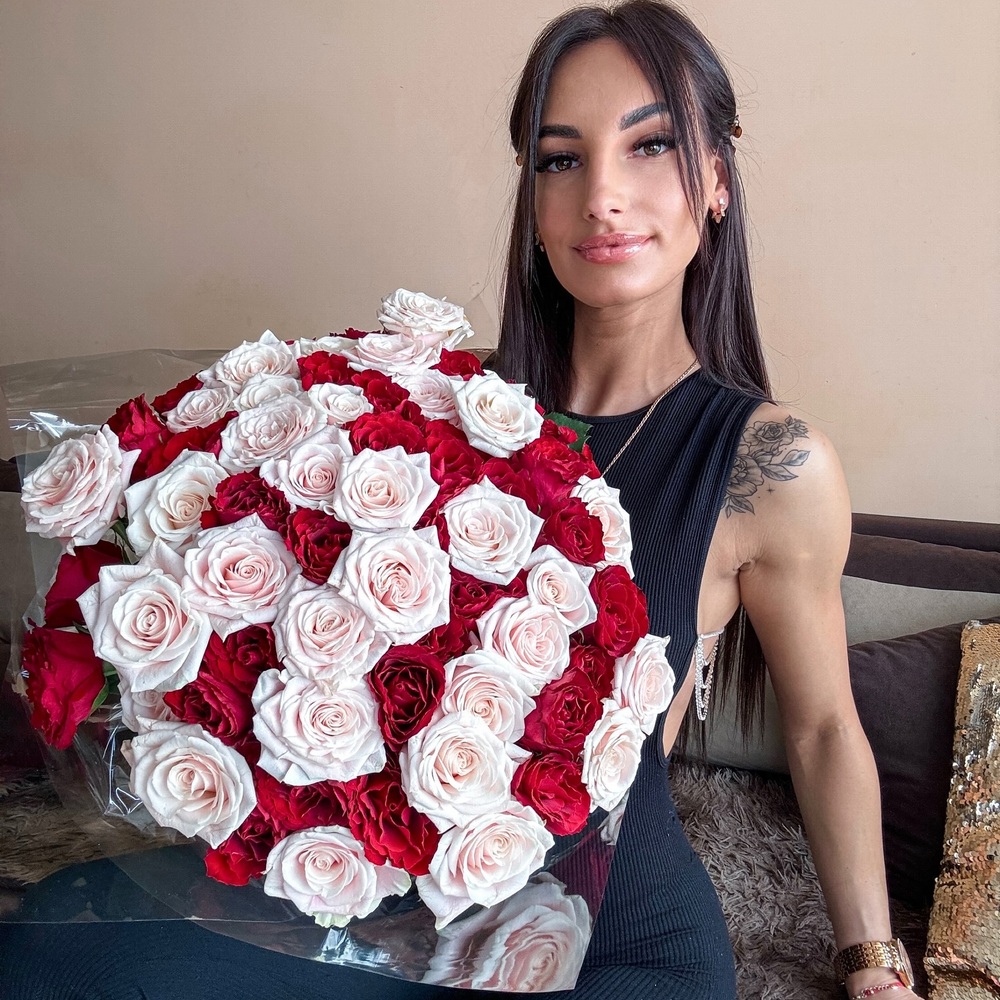 Lady with Red and White Rose Bouquet