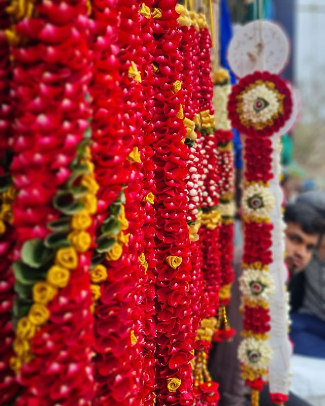 garlands being sold at the Gudimalkapur flower market Hyderabad