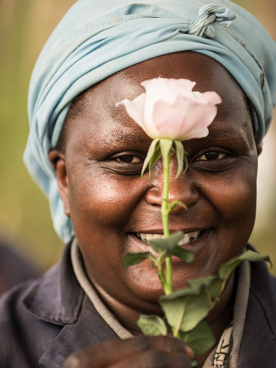 Happy rose picker with pink rose at Tambuzi