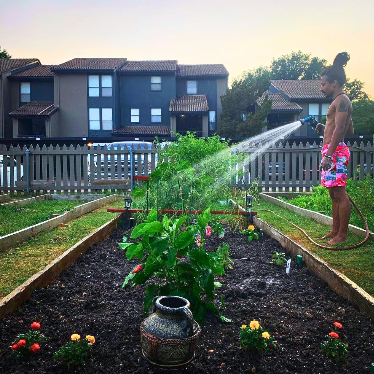 Watering an outdoor garden