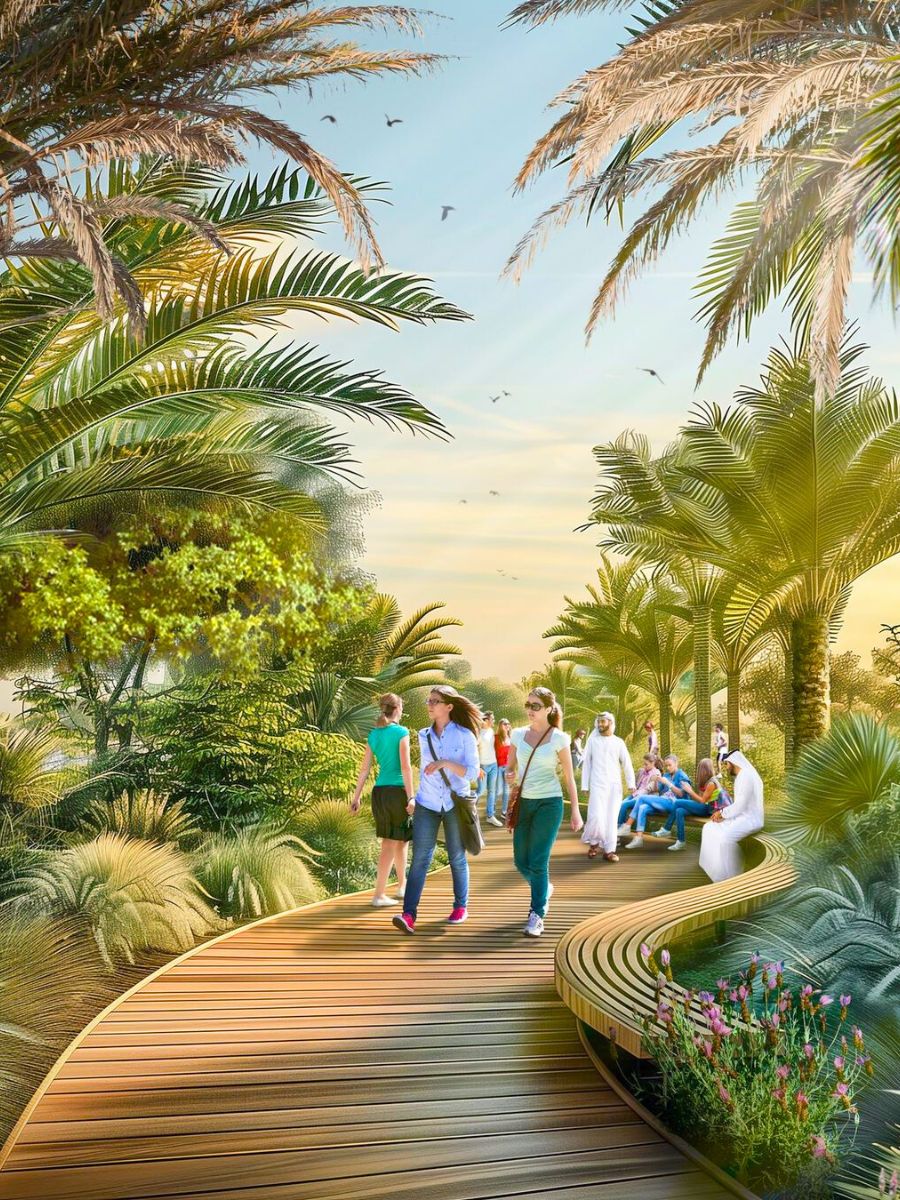 People walking through green areas in Dubai