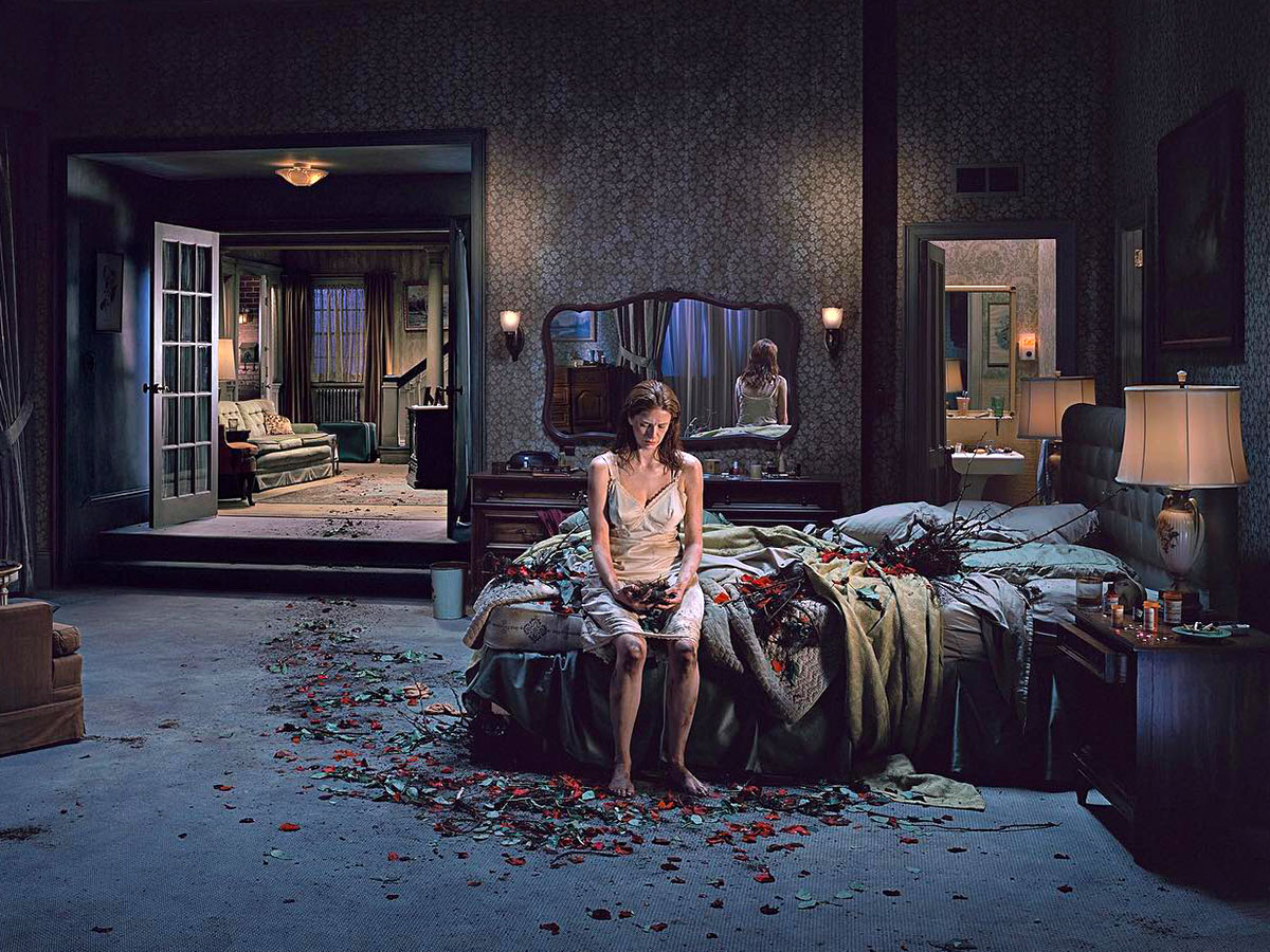 Gregory Crewdson Cinematic Floral Art woman on bed