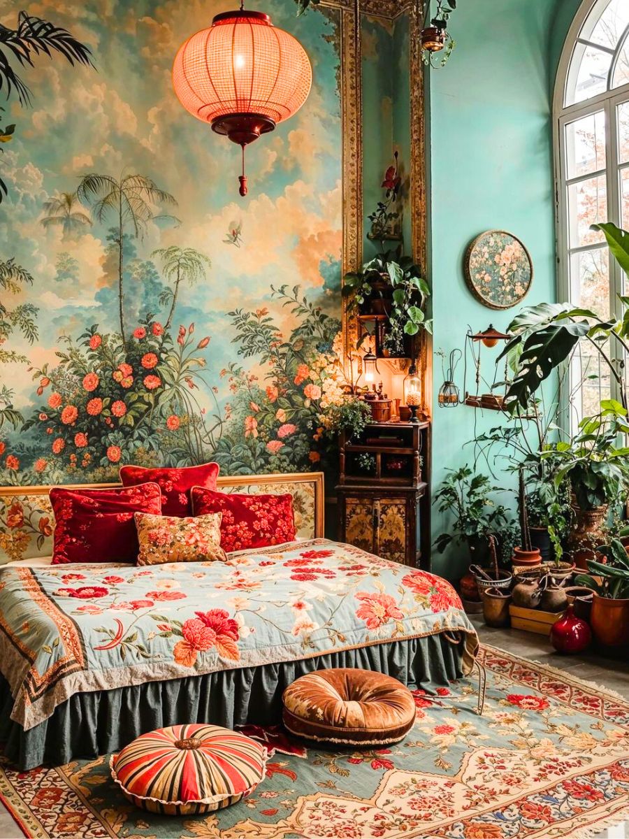 A room with flower paperwalls and decor