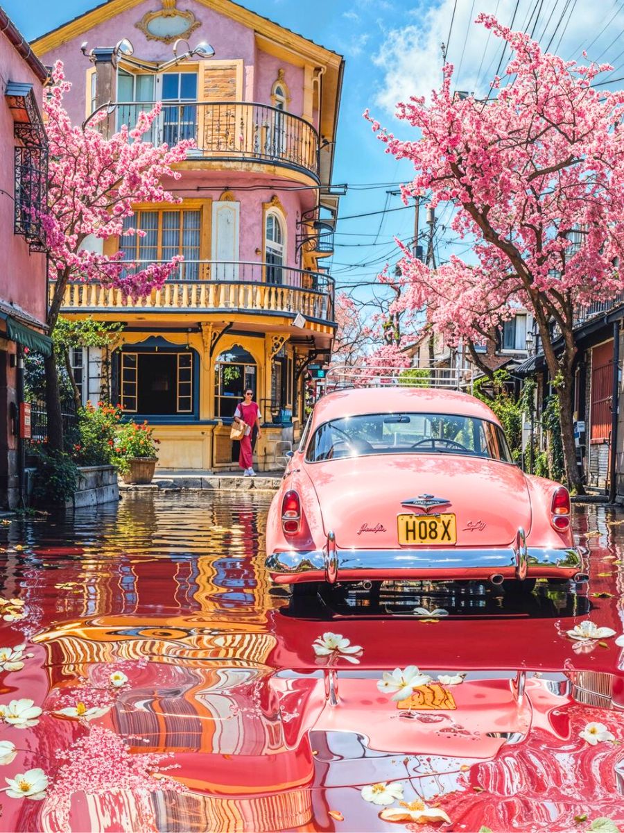 Pink flowers and car AI