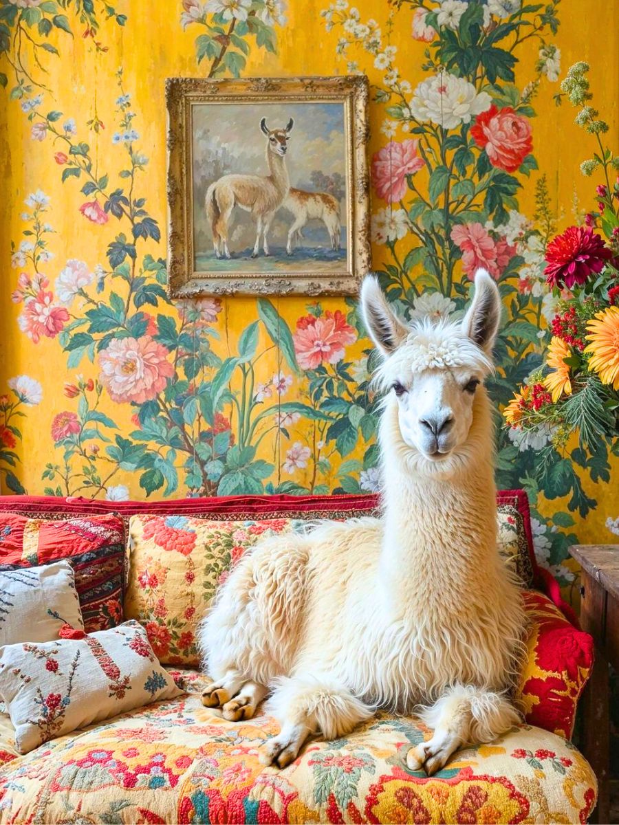 Llama and flowers by Thierry Lechanteur