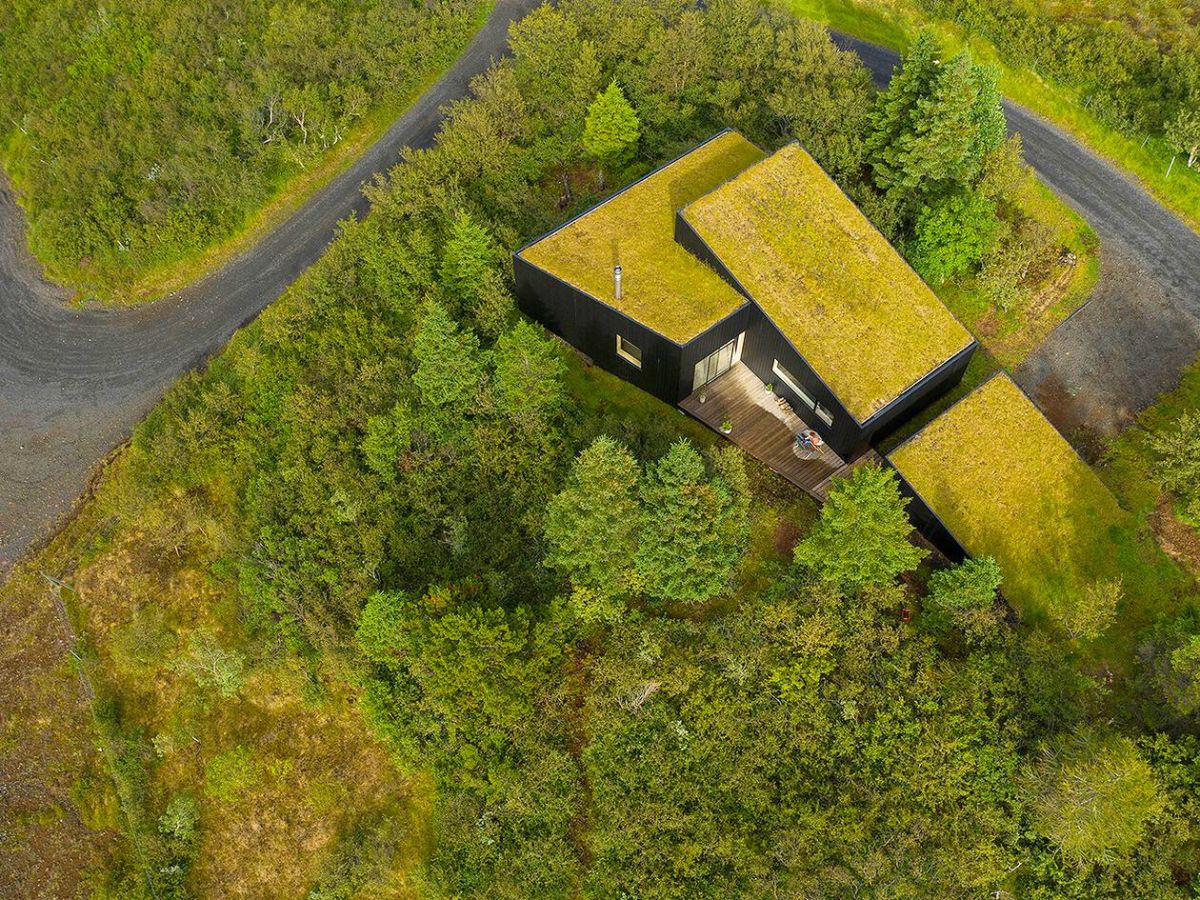 Upper view of the green roofs of Holiday Home in Iceland