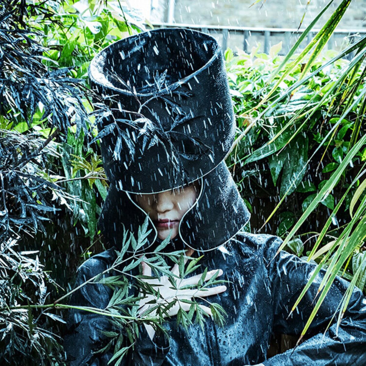 Water splashing on rainforest harvesting hat