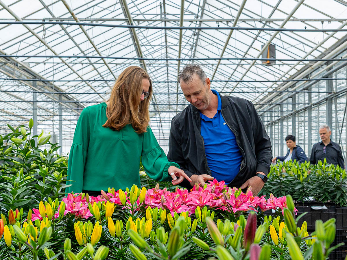 Woman and man in Zabo Plant lily greenhouse