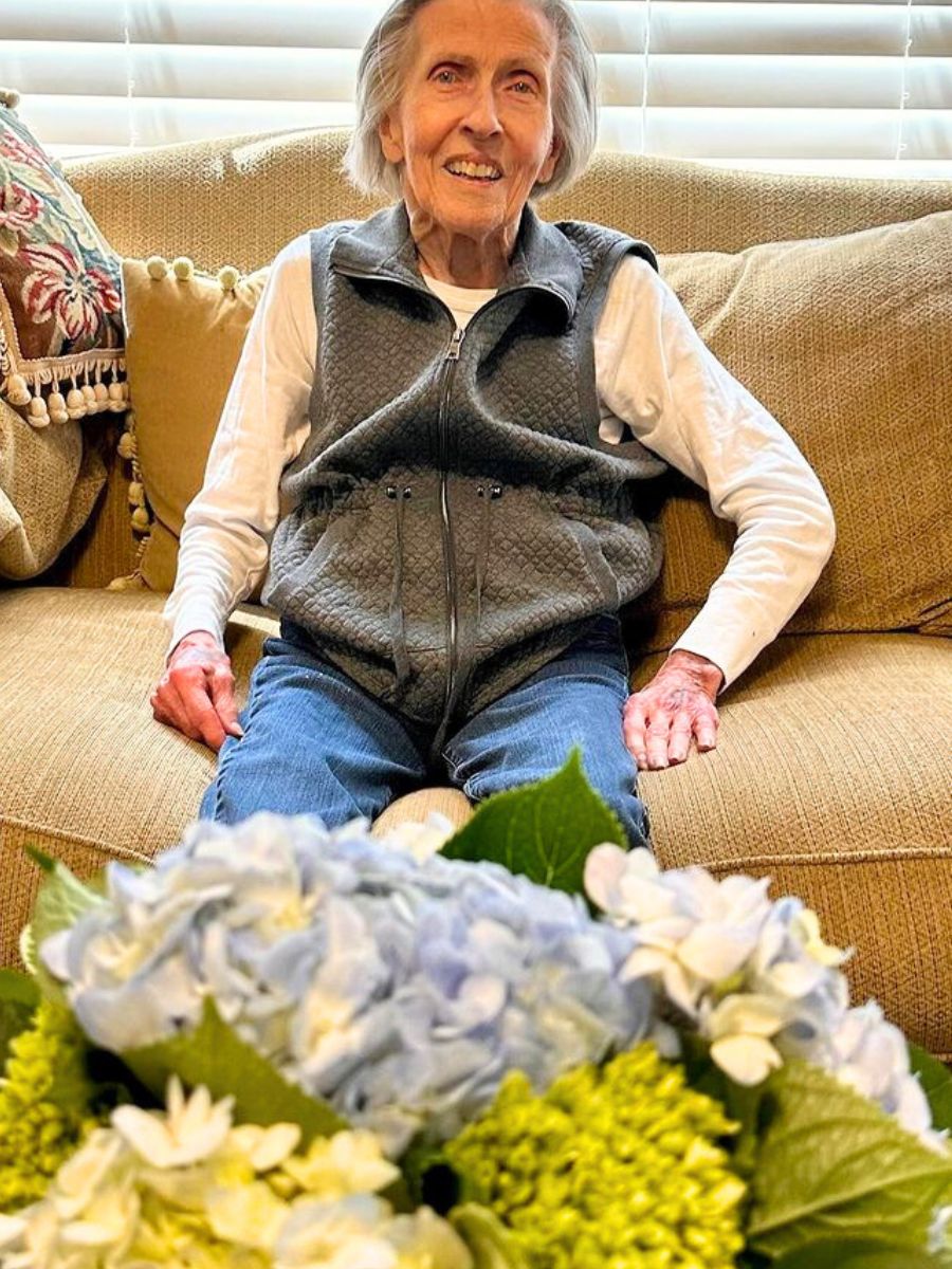 Grandma with a hydrangea bouquet