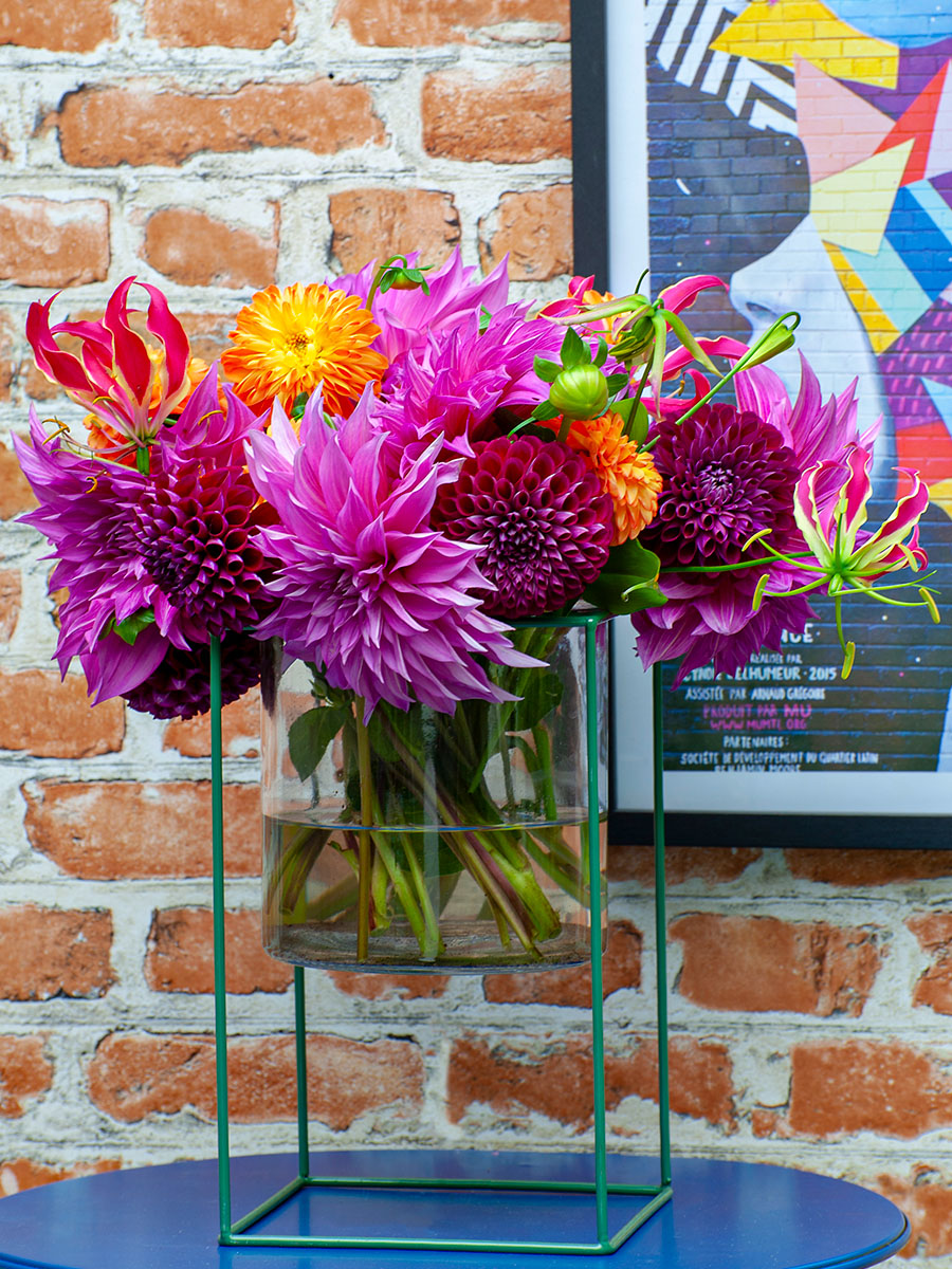 Dahlias in glass vase with painting