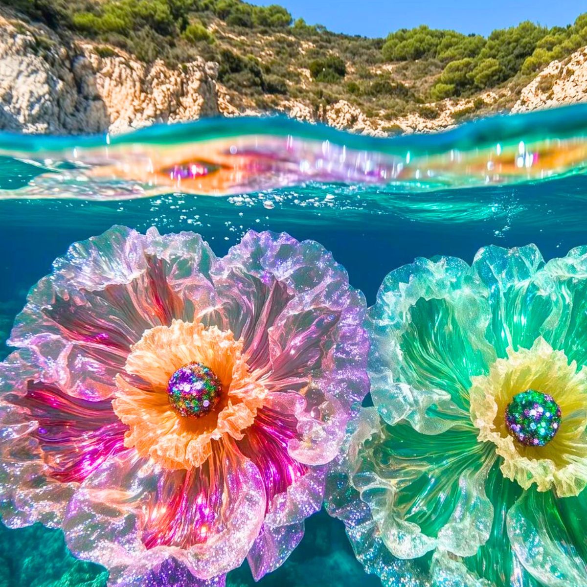 AI flowers floating underwater