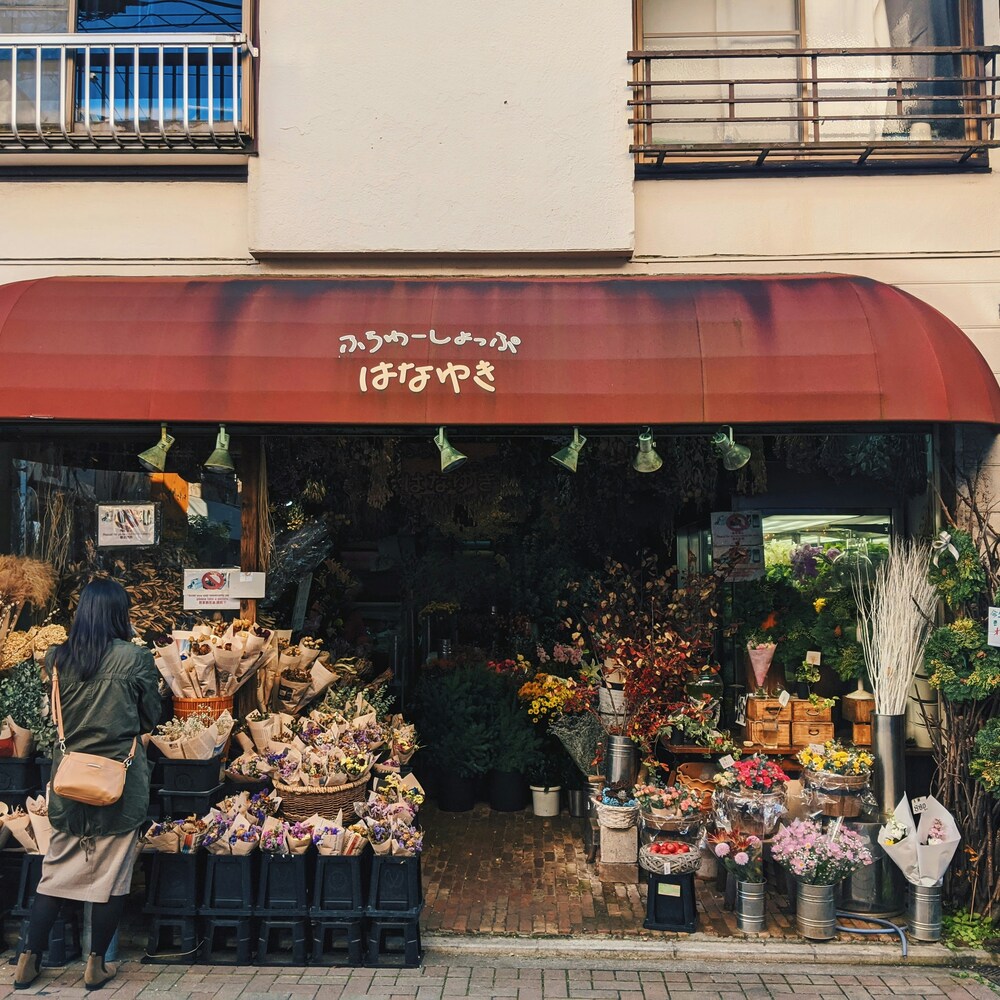 Lady purchasing flower from shop