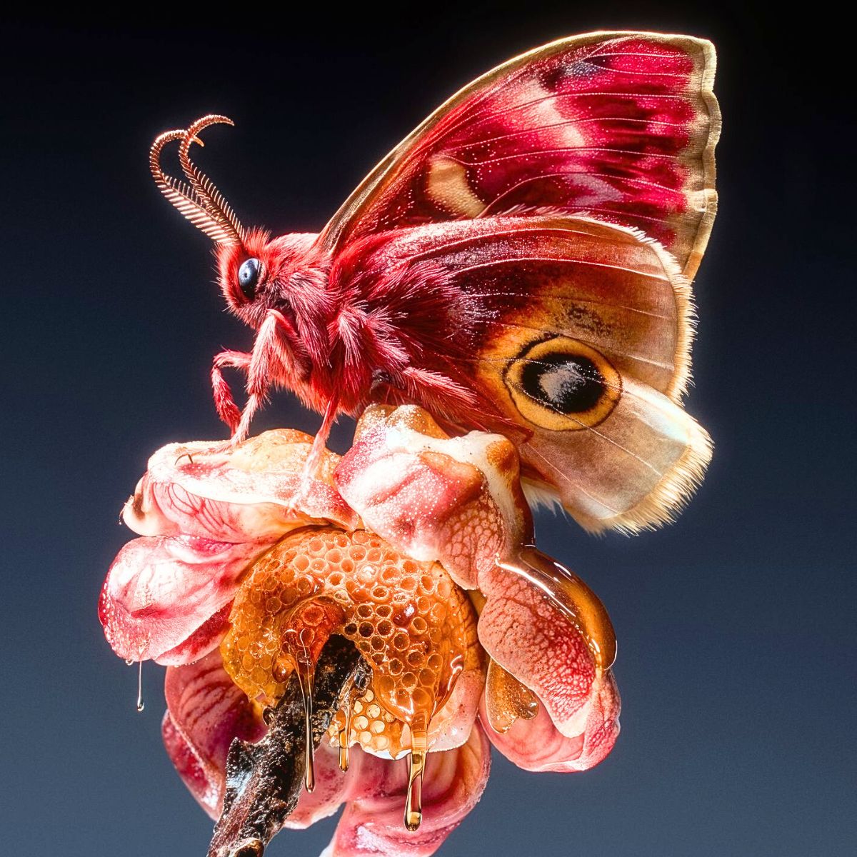 Colorful butterfly on a honey dripped flower