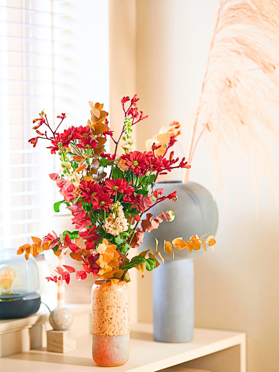 Red Bontempi chrysanths decorating a table