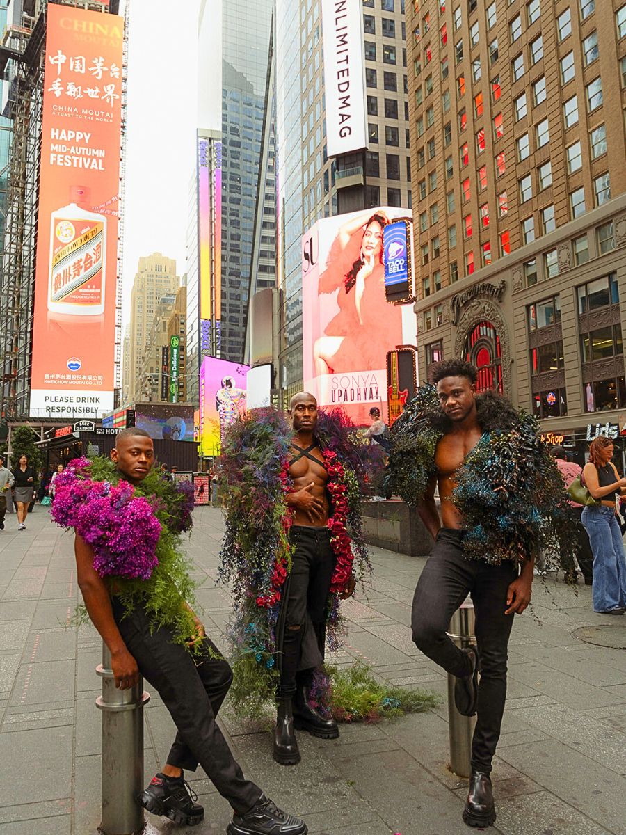 Models posing in NYC with floral fashion by Julia Rose