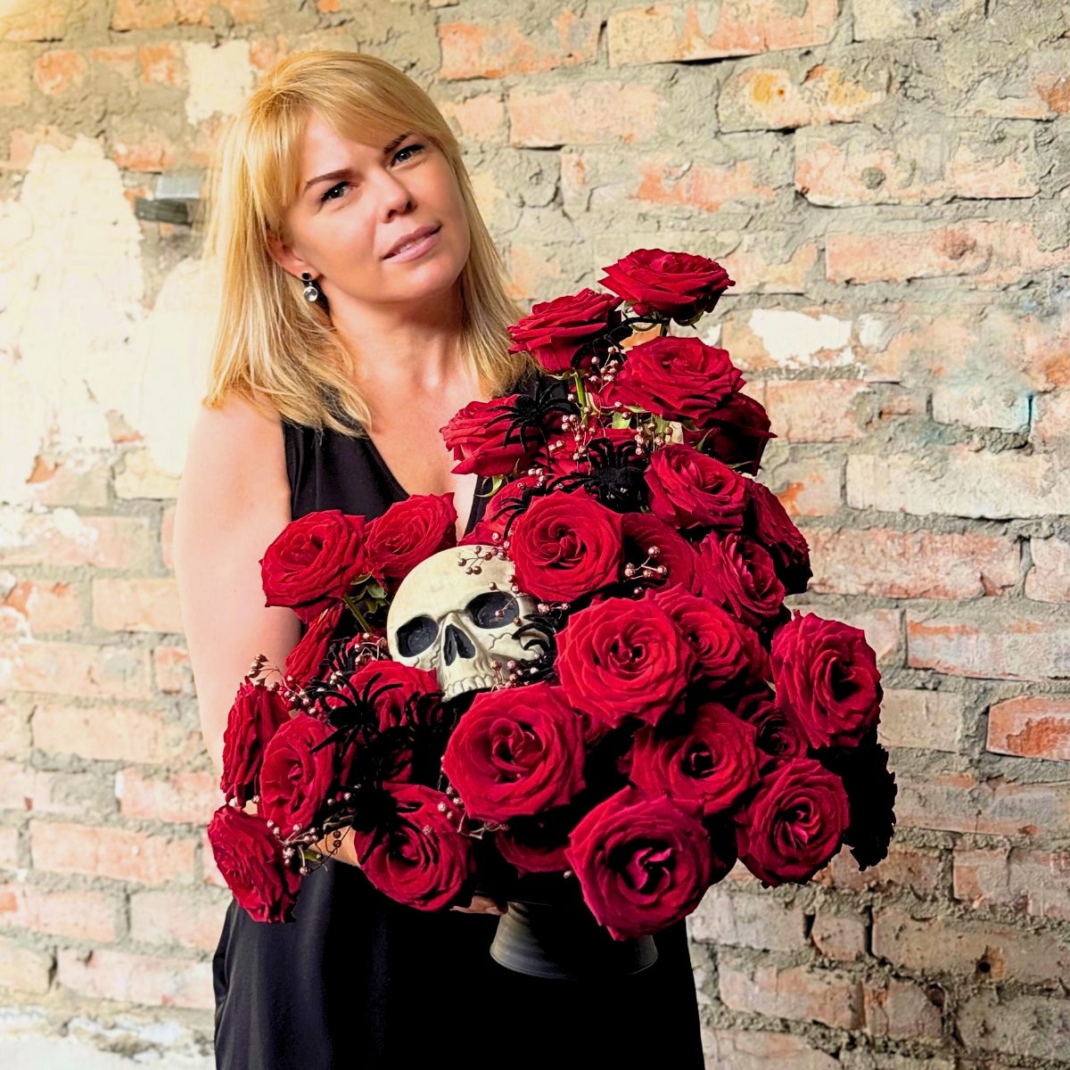 Anna Caraus with Red Rose Naomi arrangement