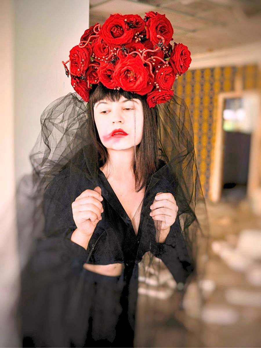 Halloween costume with red rose headpiece