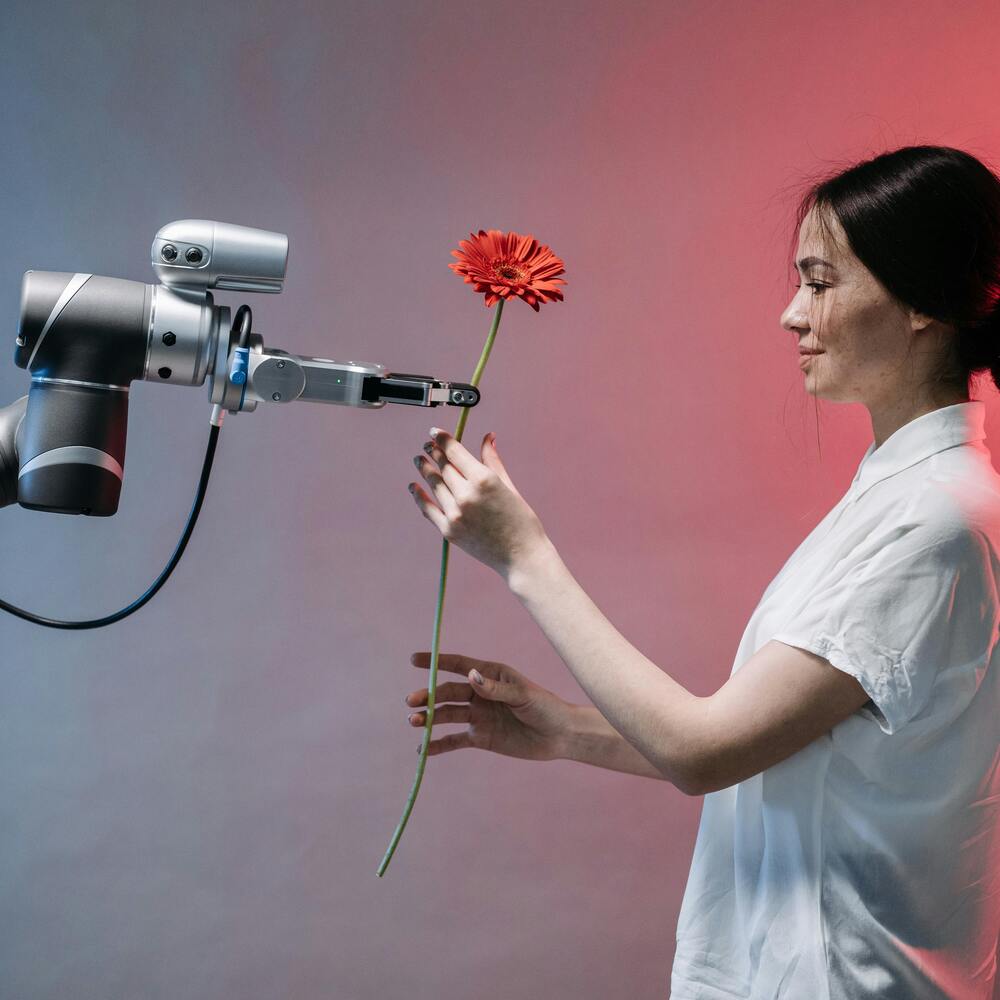 lady with Robot hold flower